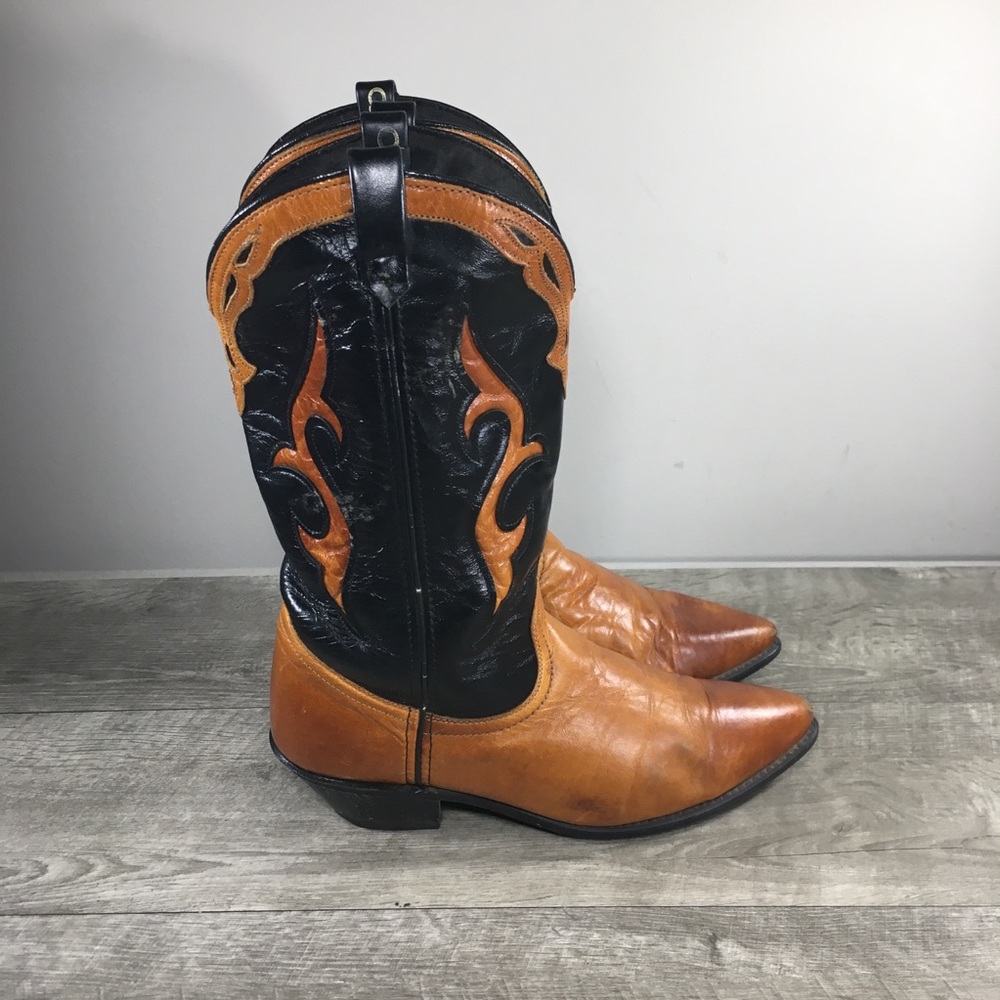 Vintage Acme Dingo Orange Flames Western Cowboy Leather Womens Boots Size 8.5